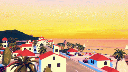 Tropical Town With Palm Trees And Houses GIF