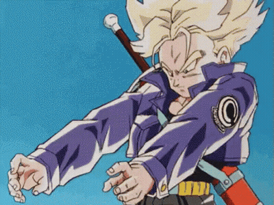Trunks From Dragon Ball Z Is Holding A Sword And Pointing At The Camera . GIF