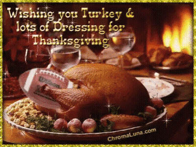 Turkey On Plate With Football Wishing You Turkey And Lots Of Dressing For Thanksgiving GIF