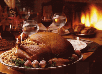 Turkey Sitting On Plate With Wine Glasses GIF