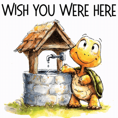Turtle Beside Wishing Well Saying Wish You Were Here GIF