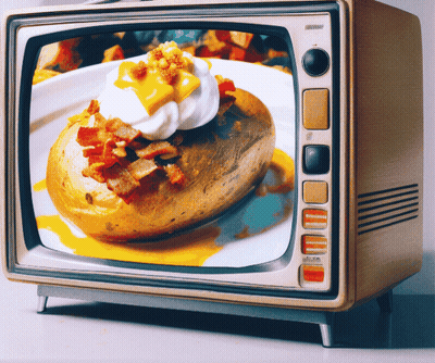 TV Screen Showing Baked Potato With Bacon And Whipped Cream GIF
