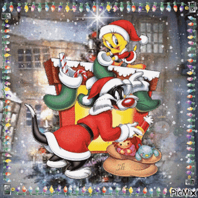 Tweety And Sylvester Dressed As Santa Clauses GIF
