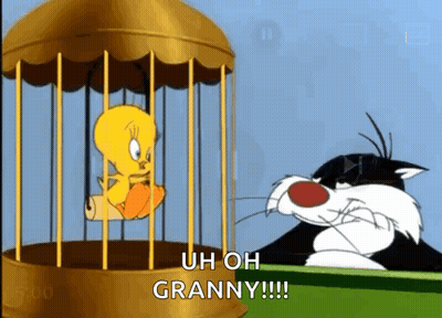 Tweety And Sylvester In Cage Saying Uh Oh Granny GIF