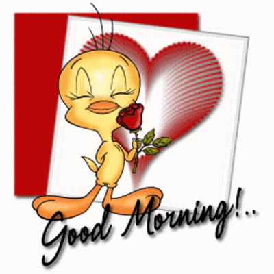 Tweety Bird Holding Rose In Front Of Heart Saying Good Morning GIF