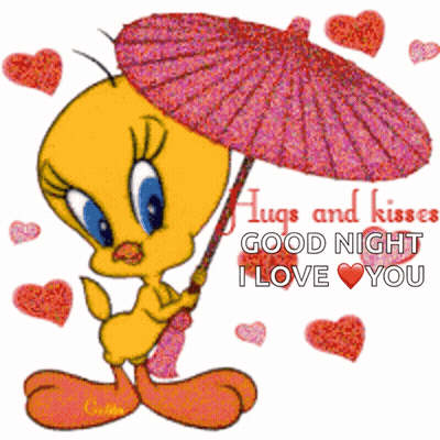 Tweety Bird Holding Umbrella Hugs And Kisses GIF