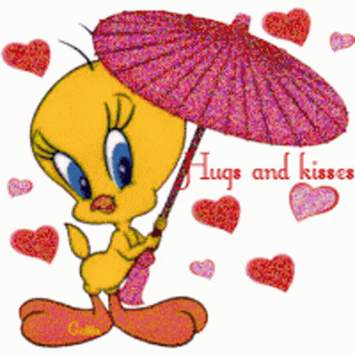 Tweety Bird Holding Umbrella With Hugs And Kisses GIF