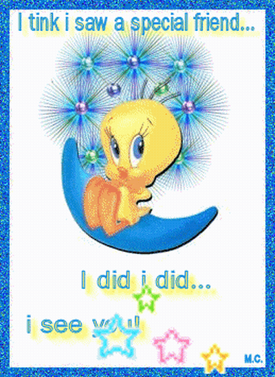 Tweety Bird On Blue Crescent Moon Saying I Tink I Saw A Special Friend GIF