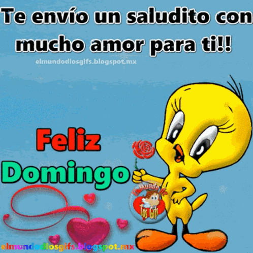 Tweety Is Holding A Lollipop And Says " Feliz Domingo " In Spanish GIF