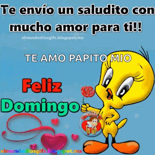 Tweety Is Holding A Lollipop And Says " Te Envio Un Saludito Con Mucho Amor Para Ti Te Amo Papito Mio Feliz Domingo " GIF