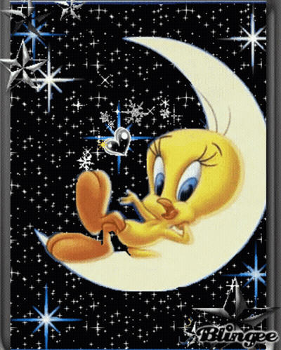 Tweety On Crescent Moon With Heart In Mouth GIF