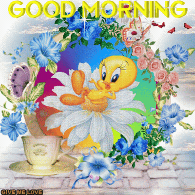 Tweety Surrounded By Flowers And Coffee GIF