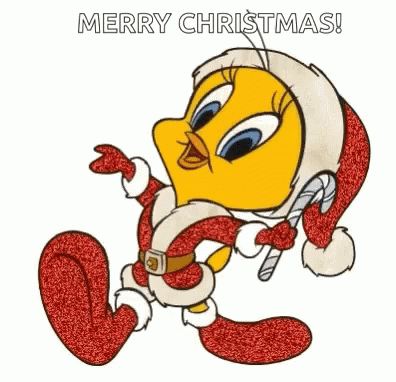 Tweety Wearing A Santa Hat And Holding A Candy Cane Says Merry Christmas . GIF