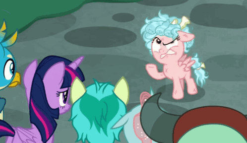 Twilight Sparkle And Ponies Around Pink Pony With Curly Hair GIF
