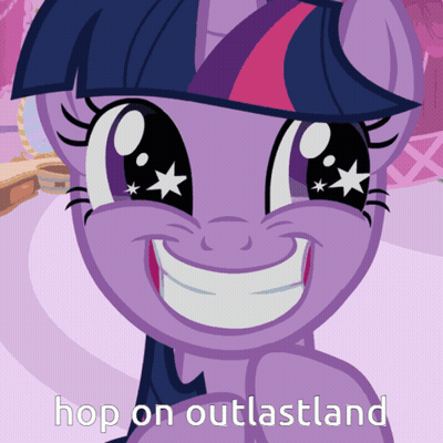 Twilight Sparkle From My Little Pony Is Smiling And Has The Words Hop On Outlastland Below Her GIF