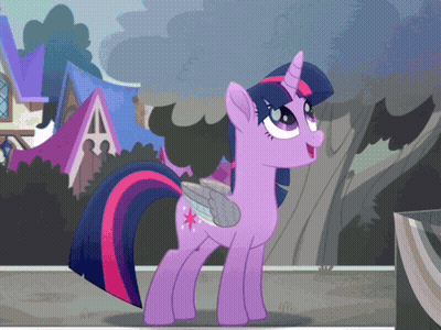 Twilight Sparkle From My Little Pony Is Standing In Front Of A House GIF
