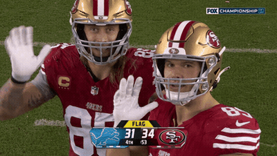 Two 49Ers Players Waving With Scoreboard Flag 31 34 4Th 53 GIF