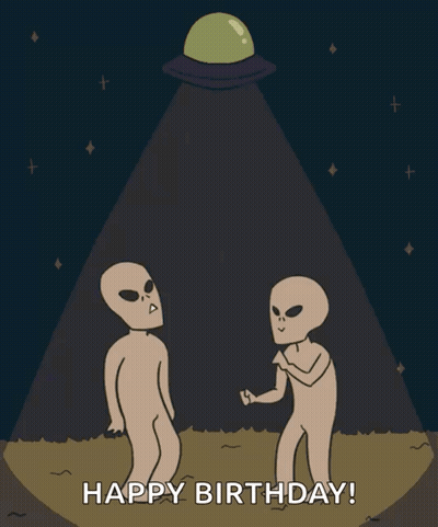 Two Aliens And Flying Saucer Birthday Card GIF