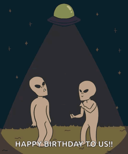 Two Aliens Standing In Front Of Flying Saucer GIF
