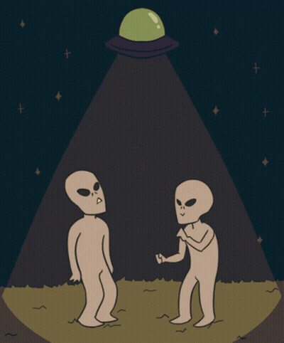 Two Aliens Standing In Front Of Green Object GIF