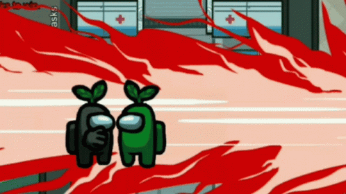 Two Among Us Characters Are Standing In Front Of A Red Wall GIF