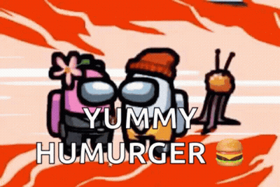 Two Among Us Characters Saying Yummy Humurger GIF
