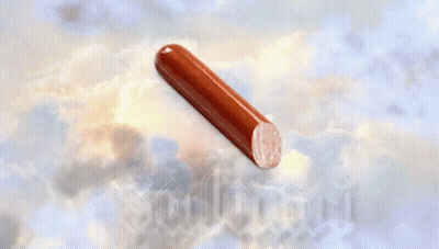 Two Angels Are Standing In Front Of A Salami Sign GIF