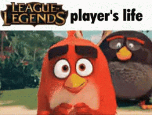 Two Angry Birds Are Standing Next To Each Other In Front Of A League Of Legends Logo GIF