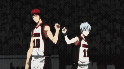 Two Anime Basketball Players Are Standing Next To Each Other On A Court . GIF
