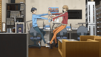 Two Anime Characters Are Dancing In A Room With A Poster On The Wall That Says ' Tokyo Ghoul ' On It GIF