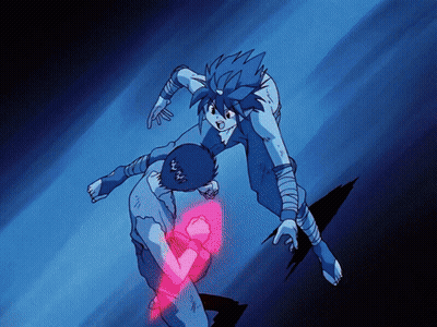 Two Anime Characters Are Fighting Each Other And One Has A Red Light Coming Out Of His Fist GIF