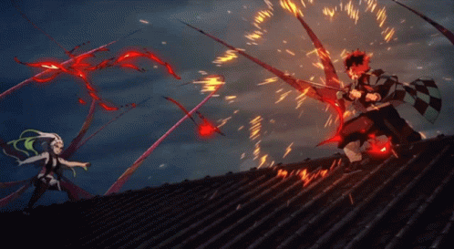 Two Anime Characters Are Fighting On A Roof With Fire Coming Out Of Their Weapons GIF