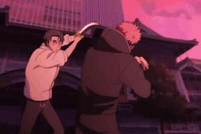 Two Anime Characters Are Fighting With Swords In Front Of A Building GIF