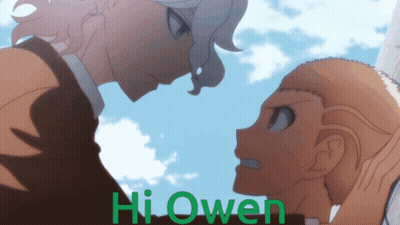 Two Anime Characters Are Looking At Each Other And The Words Hi Owen Are Visible GIF