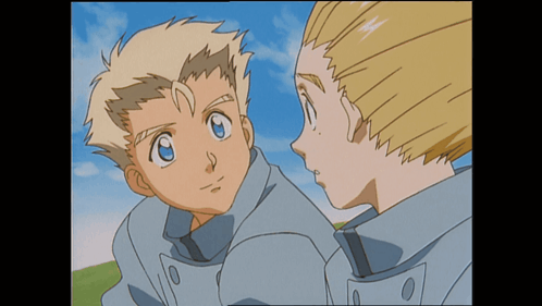 Two Anime Characters Are Looking At Each Other With A Blue Sky Behind Them GIF