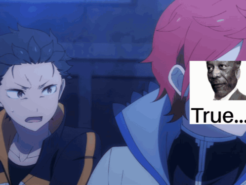 Two Anime Characters Are Looking At Each Other With A Picture Of A Man Behind Them That Says " True " GIF