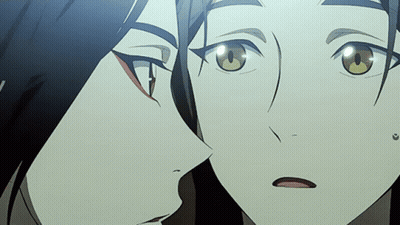 Two Anime Characters Are Looking At Each Other With One Making A Surprised Face GIF