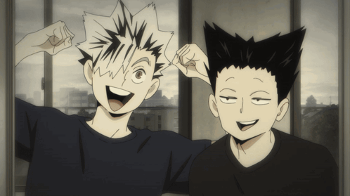 Two Anime Characters Are Posing For A Picture And One Of Them Is Flexing His Muscles GIF