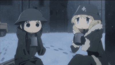 Two Anime Characters Are Sitting In The Snow One Has A White Cross On Her Hat GIF