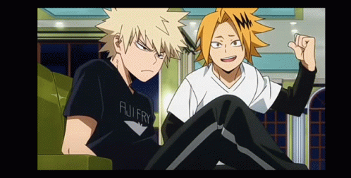 Two Anime Characters Are Sitting Next To Each Other And One Of Them Is Wearing A Fuji Fry Shirt GIF