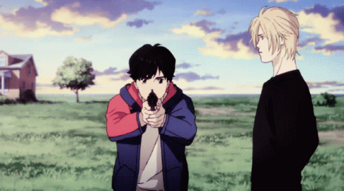 Two Anime Characters Are Standing In A Field With One Pointing A Gun GIF