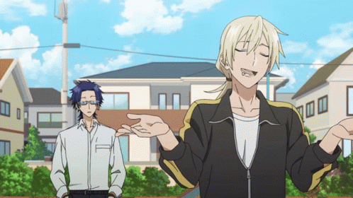 Two Anime Characters Are Standing In Front Of A House And One Of Them Is Smiling GIF