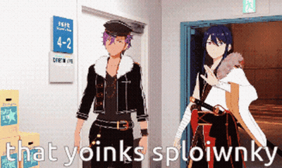 Two Anime Characters Are Standing In Front Of A Sign That Says 4-2-2 GIF