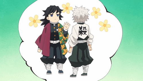 Two Anime Characters Are Standing Next To Each Other And One Has A Chinese Symbol On His Back GIF