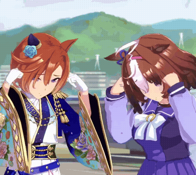 Two Anime Characters Are Standing Next To Each Other And One Has A Flower In Her Hair GIF