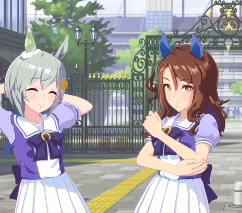 Two Anime Characters Are Standing Next To Each Other And One Has A Flower In Her Hair GIF