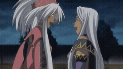 Two Anime Characters Are Standing Next To Each Other And One Has A Very Long White Hair GIF