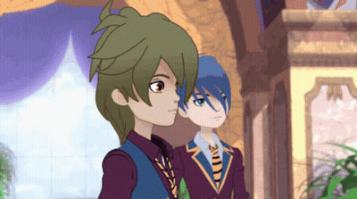 Two Anime Characters Are Standing Next To Each Other And One Has Green Hair GIF