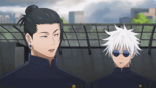 Two Anime Characters Are Standing Next To Each Other And One Has Sunglasses On GIF