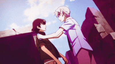 Two Anime Characters Are Standing Next To Each Other And One Is Holding The Other 'S Shoulder GIF